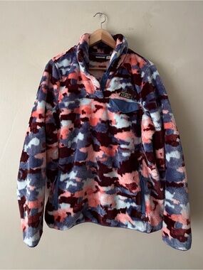 LL. Bean High Pile Camo Print Fleece Pullover Pink, Blue Women's M Pockets 766